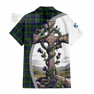 Gordon Tartan Hawaiian Shirt with Family Crest and St. Andrew's Cross Accented by Thistle Vines