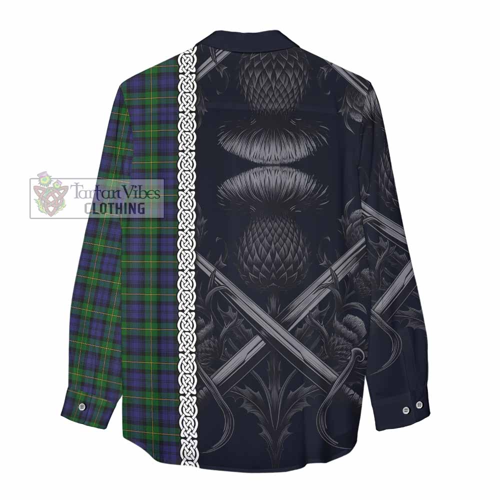 Tartan Vibes Clothing Gordon Tartan Women's Casual Shirt with Family Crest Cross Sword Thistle Celtic Vibes
