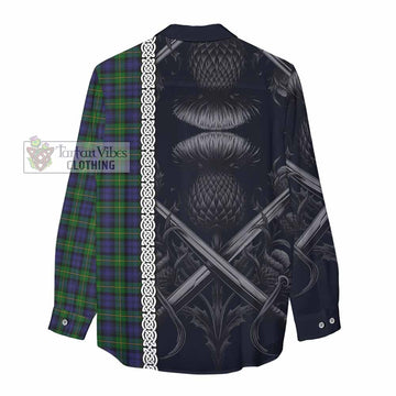 Gordon Tartan Women's Casual Shirt with Family Crest Cross Sword Thistle Celtic Vibes