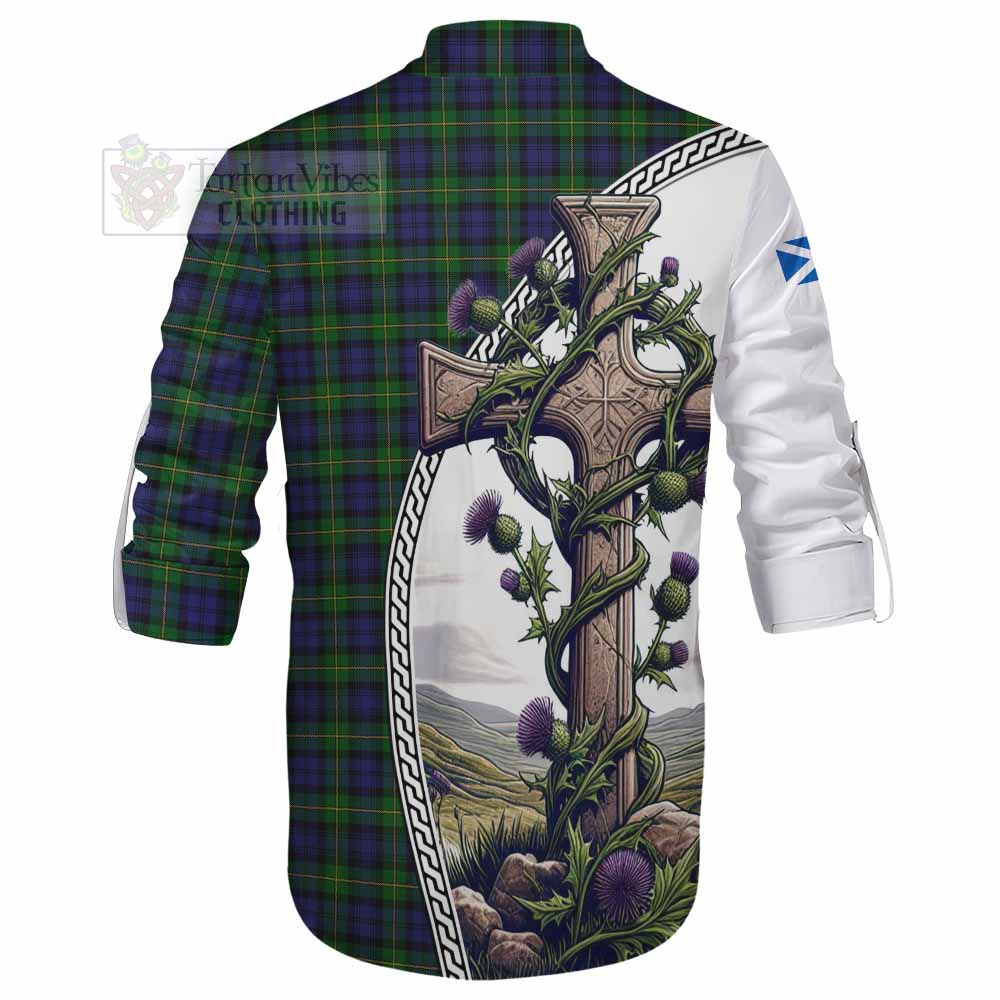 Tartan Vibes Clothing Gordon Tartan Ghillie Kilt Shirt with Family Crest and St. Andrew's Cross Accented by Thistle Vines