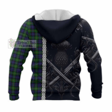 Gordon Tartan Knitted Hoodie with Family Crest Cross Sword Thistle Celtic Vibes