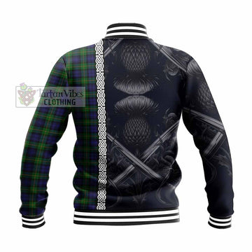 Gordon Tartan Baseball Jacket with Family Crest Cross Sword Thistle Celtic Vibes