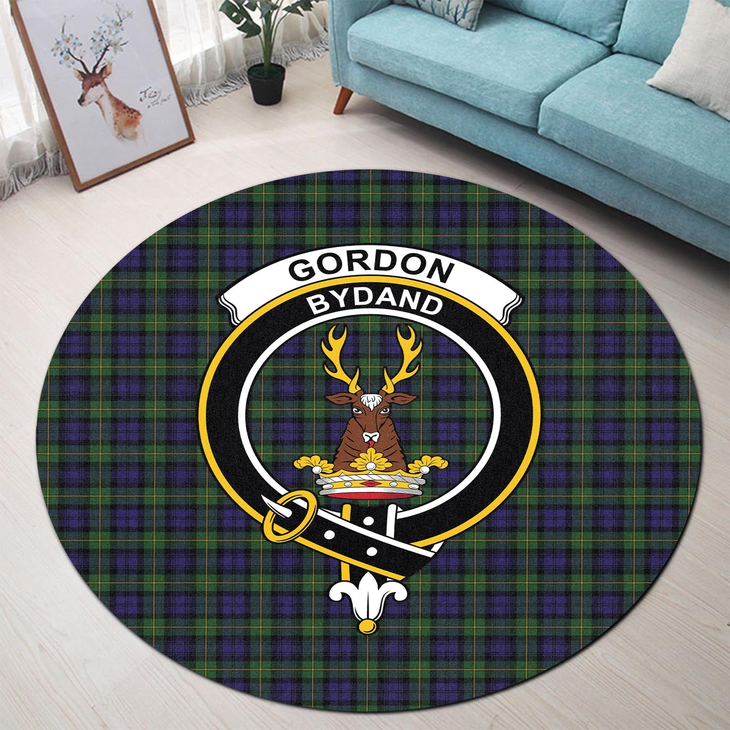 gordon-tartan-round-rug-with-family-crest