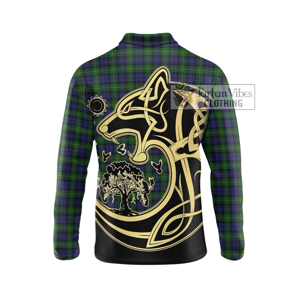 Gordon Tartan Long Sleeve Polo Shirt with Family Crest Celtic Wolf Style - Tartanvibesclothing Shop
