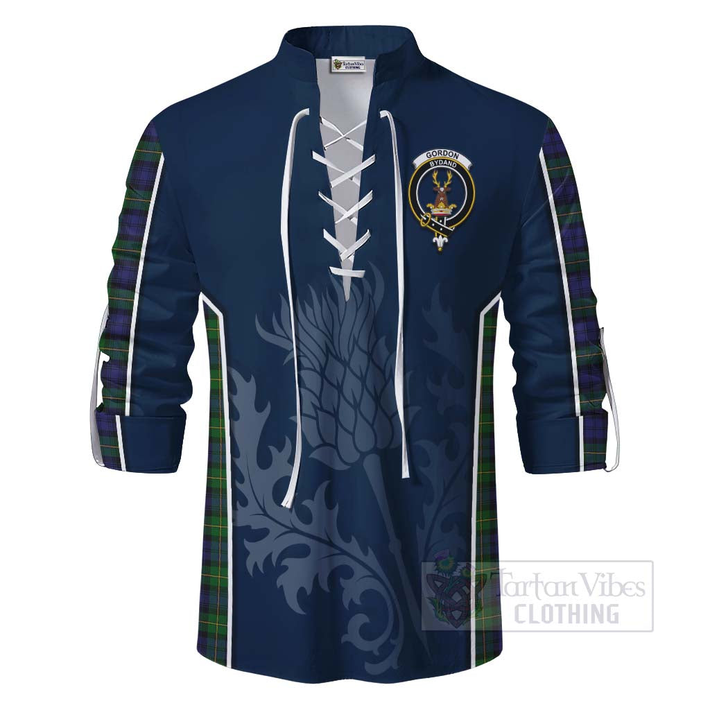 Tartan Vibes Clothing Gordon Tartan Ghillie Kilt Shirt with Family Crest and Scottish Thistle Vibes Sport Style