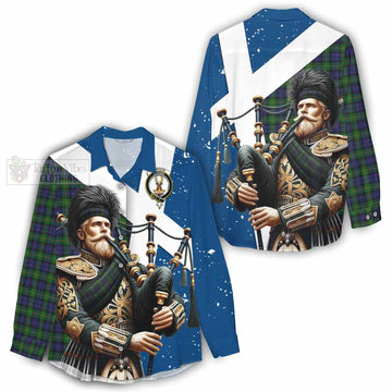 Gordon Tartan Women's Casual Shirt with Family Crest Scottish Bagpiper Vibes