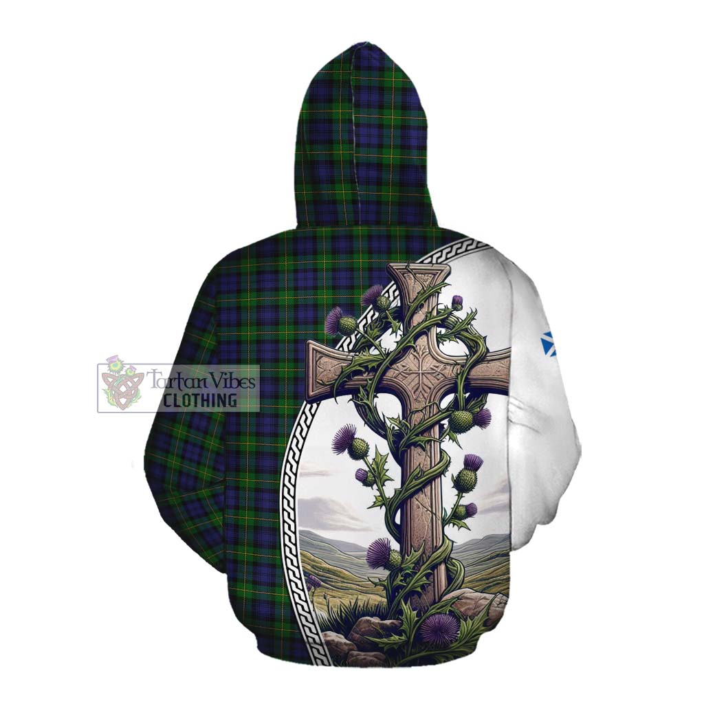 Tartan Vibes Clothing Gordon Tartan Cotton Hoodie with Family Crest and St. Andrew's Cross Accented by Thistle Vines