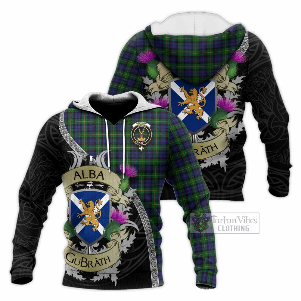 Tartan Vibes Clothing Gordon Tartan Family Crest Knitted Hoodie Lion Rampant Royal Thistle Shield Celtic Inspired