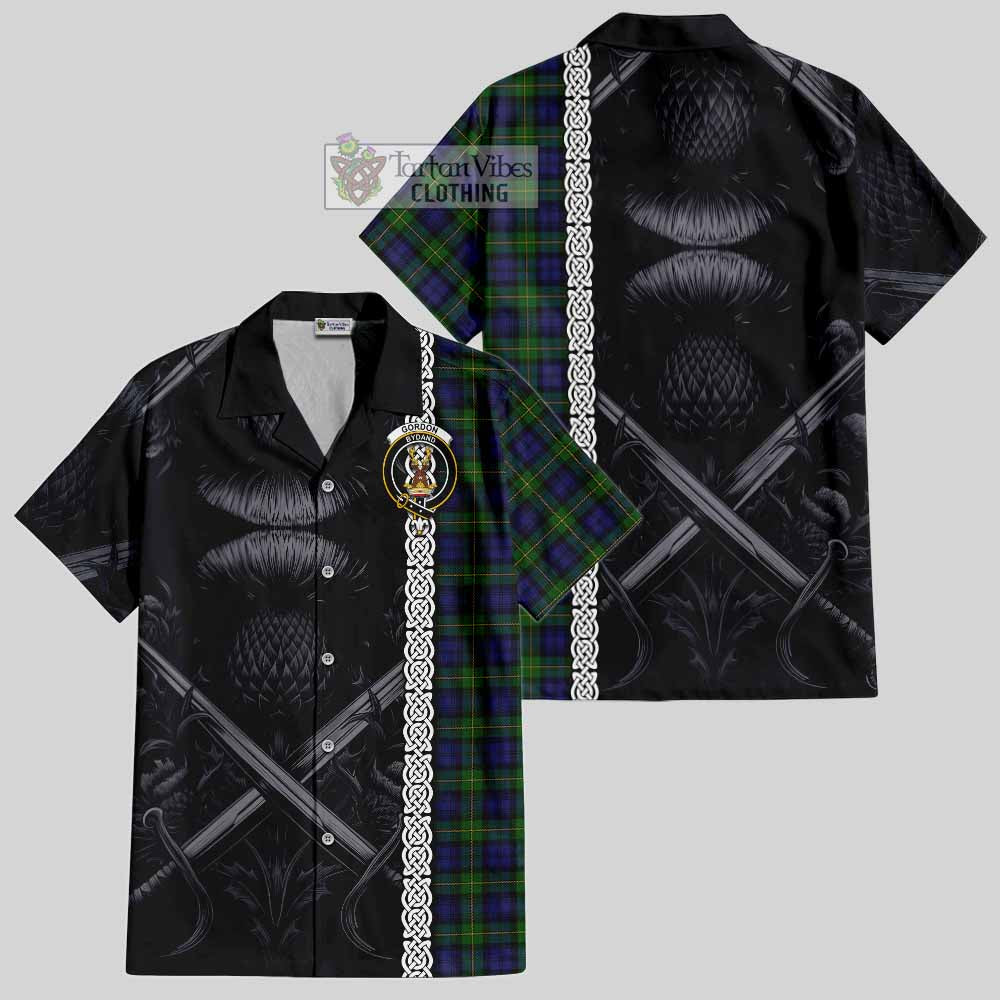 Tartan Vibes Clothing Gordon Tartan Short Sleeve Button Shirt with Family Crest Cross Sword Thistle Celtic Vibes