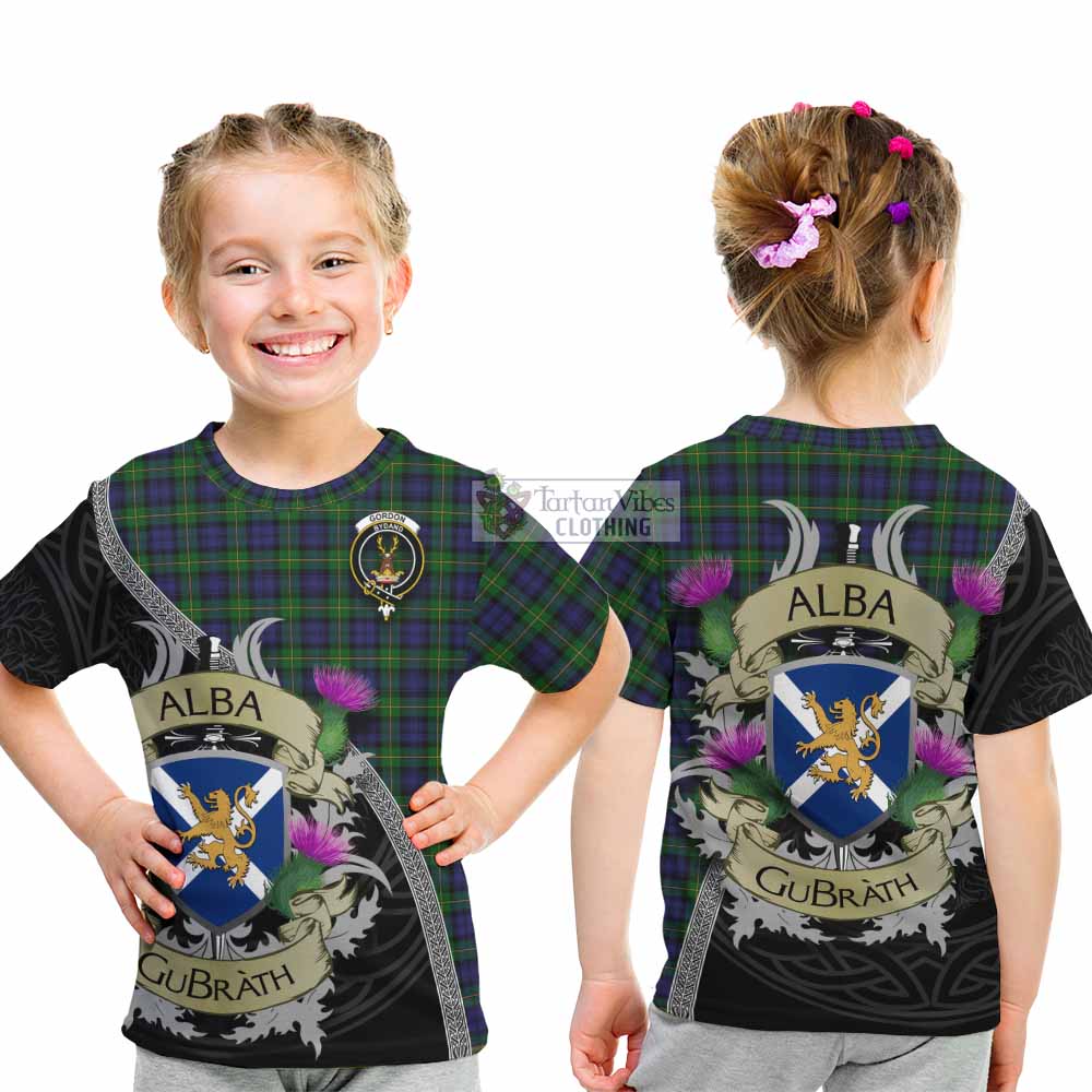 Tartan Vibes Clothing Gordon Tartan Family Crest Kid T-Shirt Lion Rampant Royal Thistle Shield Celtic Inspired