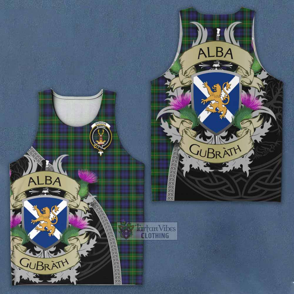 Tartan Vibes Clothing Gordon Tartan Family Crest Men's Tank Top Lion Rampant Royal Thistle Shield Celtic Inspired
