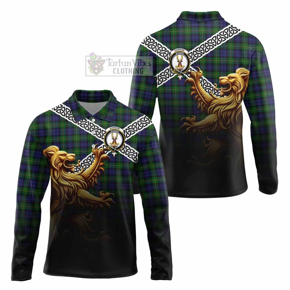 Tartan Vibes Clothing Gordon Crest Tartan Long Sleeve Polo Shirt with Golden Lion Emblem Celtic Style