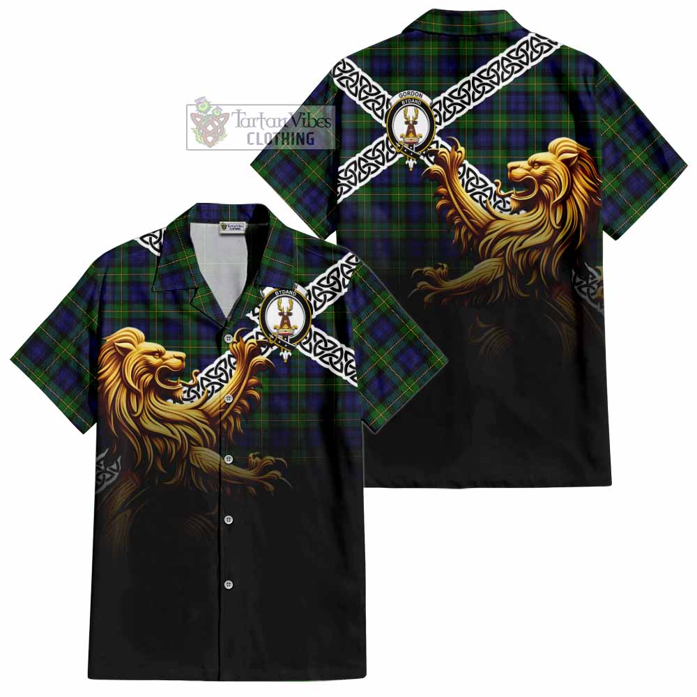 Tartan Vibes Clothing Gordon Crest Tartan Short Sleeve Button Shirt with Golden Lion Emblem Celtic Style