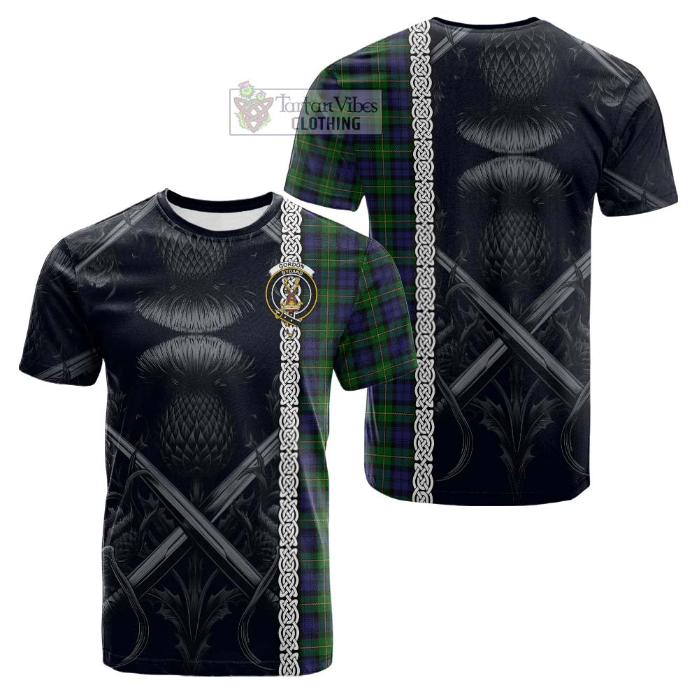 Tartan Vibes Clothing Gordon Tartan Cotton T-shirt with Family Crest Cross Sword Thistle Celtic Vibes