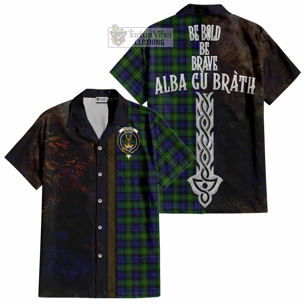 Tartan Vibes Clothing Gordon Tartan Family Crest Short Sleeve Button Shirt Alba Gu Brath Be Brave Lion Ancient Style