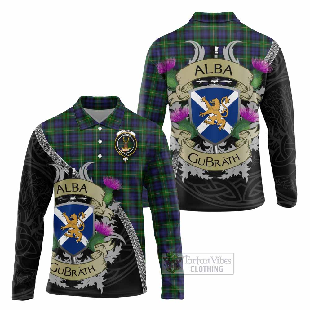 Tartan Vibes Clothing Gordon Tartan Family Crest Long Sleeve Polo Shirt Lion Rampant Royal Thistle Shield Celtic Inspired