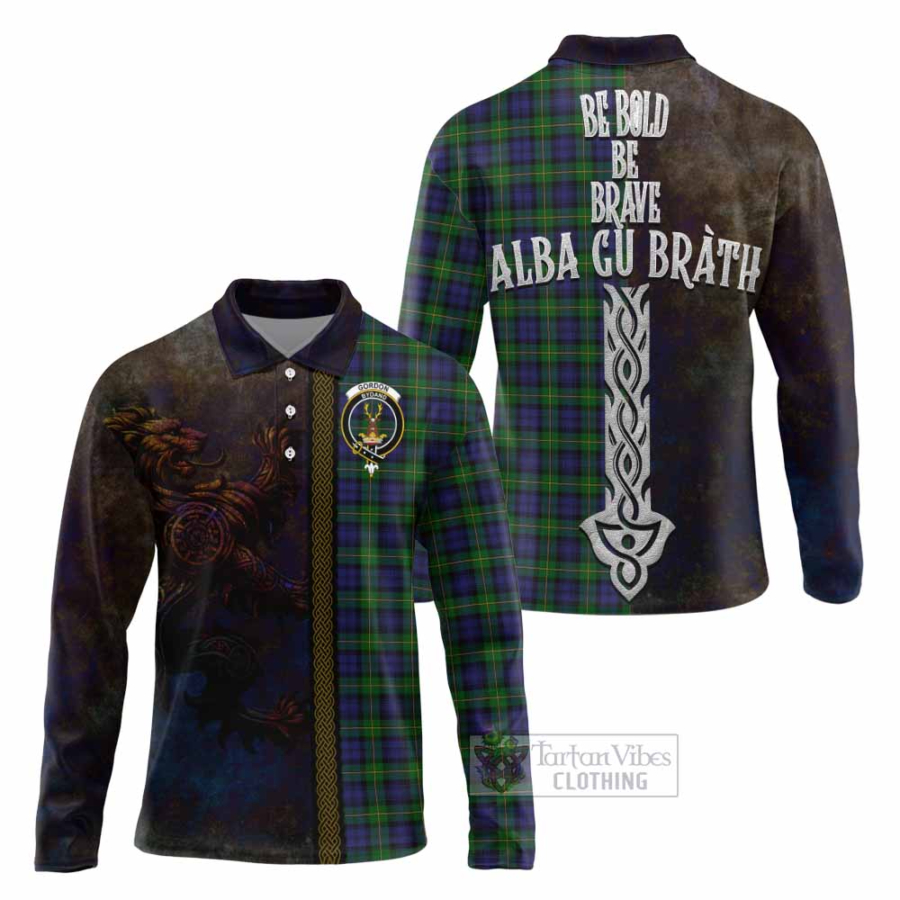 Tartan Vibes Clothing Gordon Tartan Family Crest Long Sleeve Polo Shirt Alba Gu Brath Be Brave Lion Ancient Style