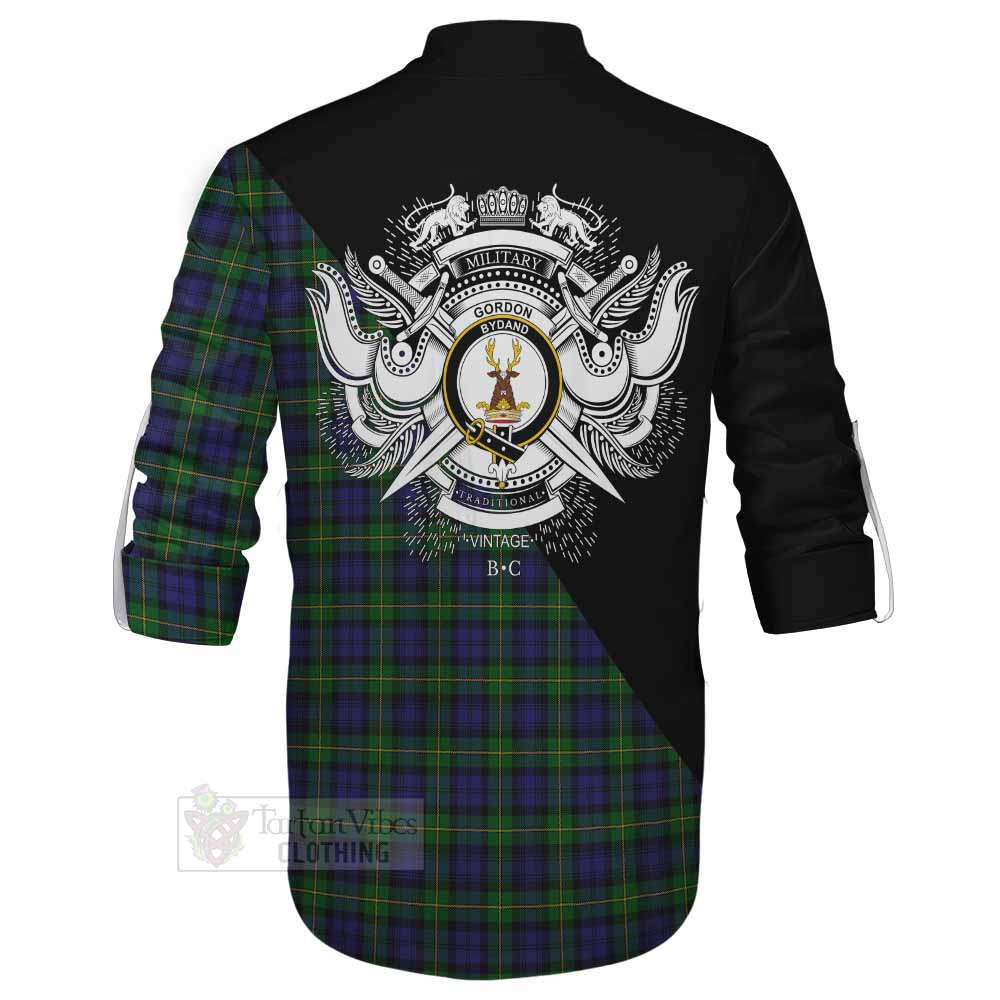 Tartan Vibes Clothing Gordon Tartan Ghillie Kilt Shirt with Family Crest and Military Logo Style