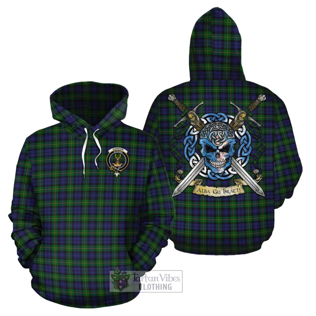 Tartan Vibes Clothing Gordon Tartan Cotton Hoodie with Family Crest Celtic Skull Style