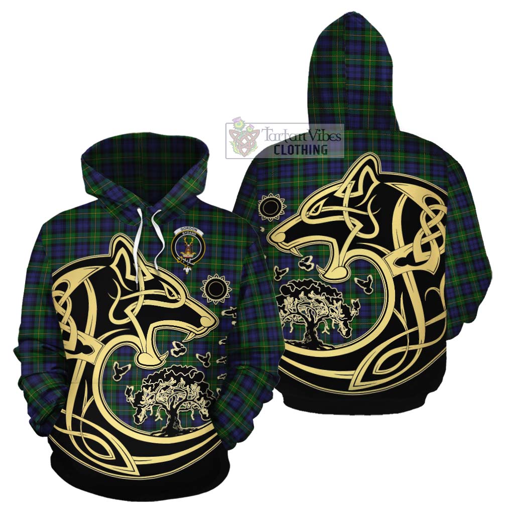 Tartan Vibes Clothing Gordon Tartan Cotton Hoodie with Family Crest Celtic Wolf Style