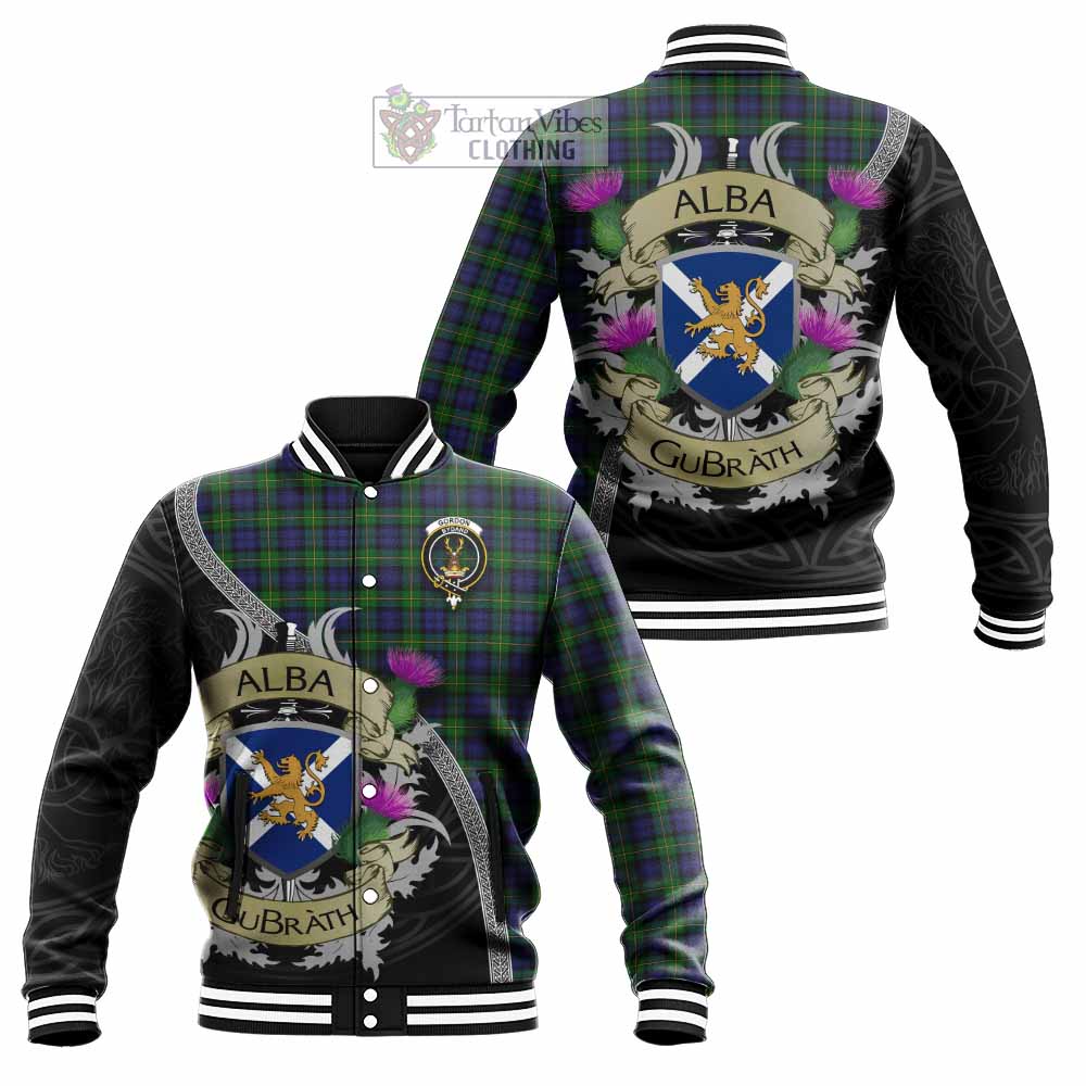 Tartan Vibes Clothing Gordon Tartan Family Crest Baseball Jacket Lion Rampant Royal Thistle Shield Celtic Inspired