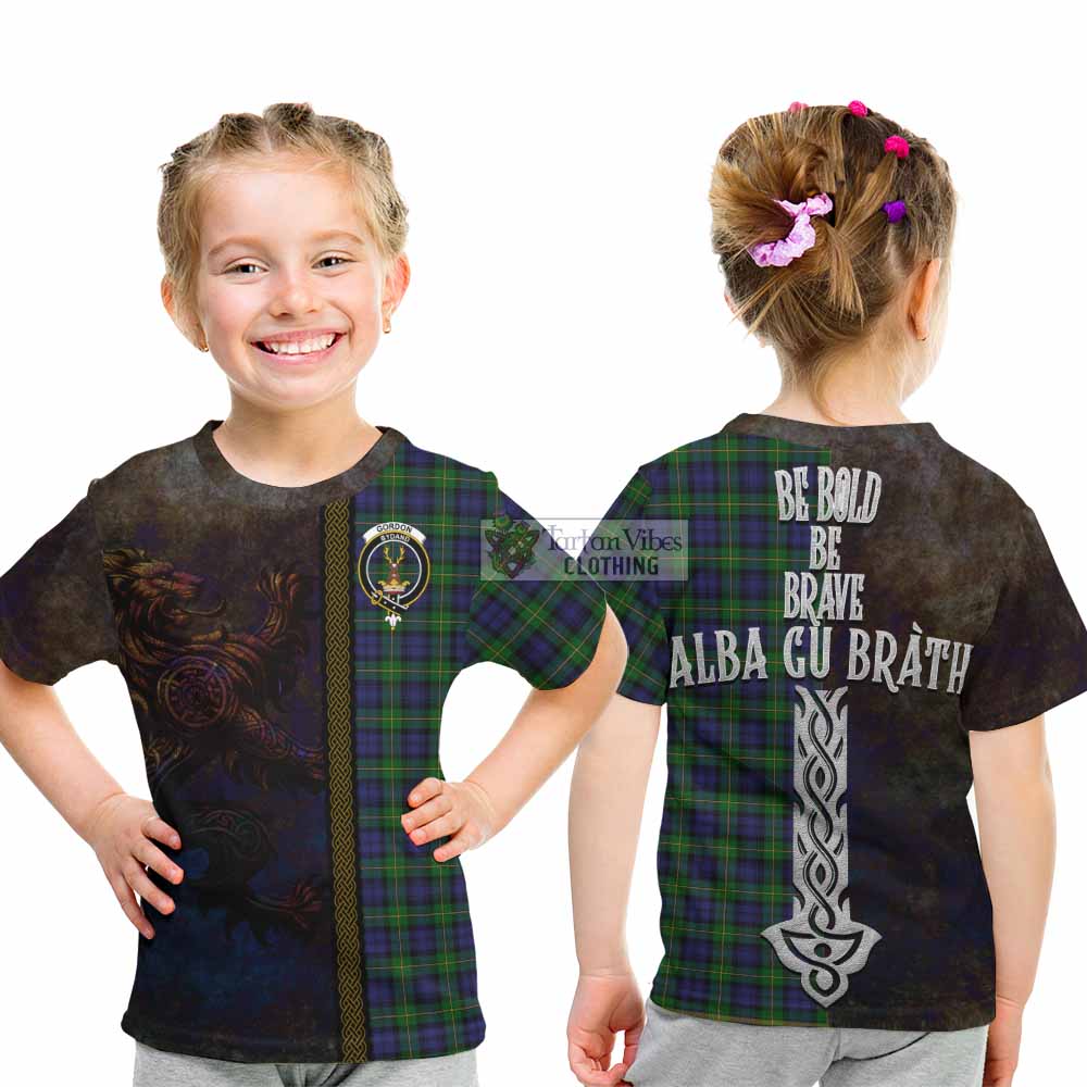 Tartan Vibes Clothing Gordon Tartan Family Crest Kid T-Shirt Alba Gu Brath Be Brave Lion Ancient Style