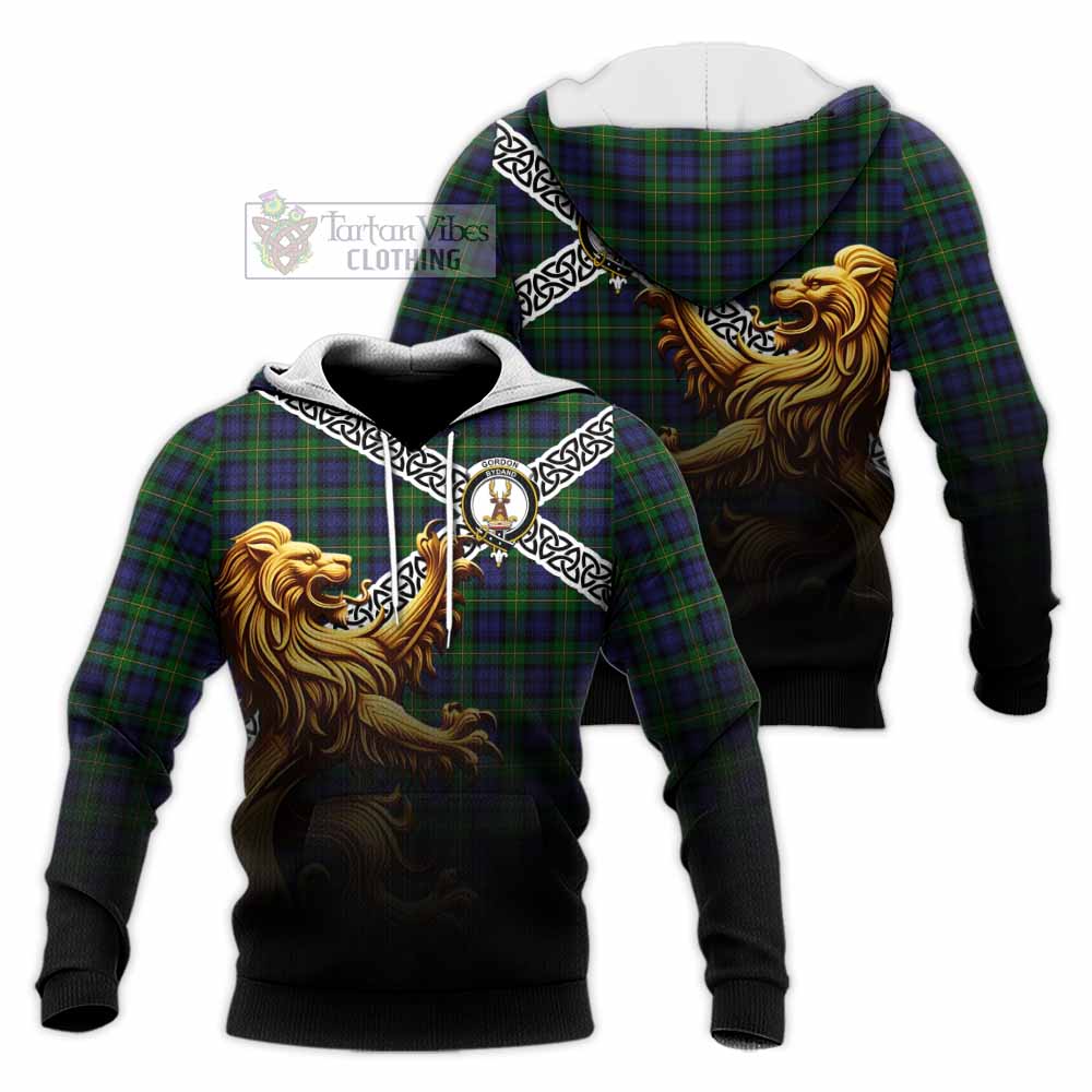 Tartan Vibes Clothing Gordon Crest Tartan Knitted Hoodie with Golden Lion Emblem Celtic Style
