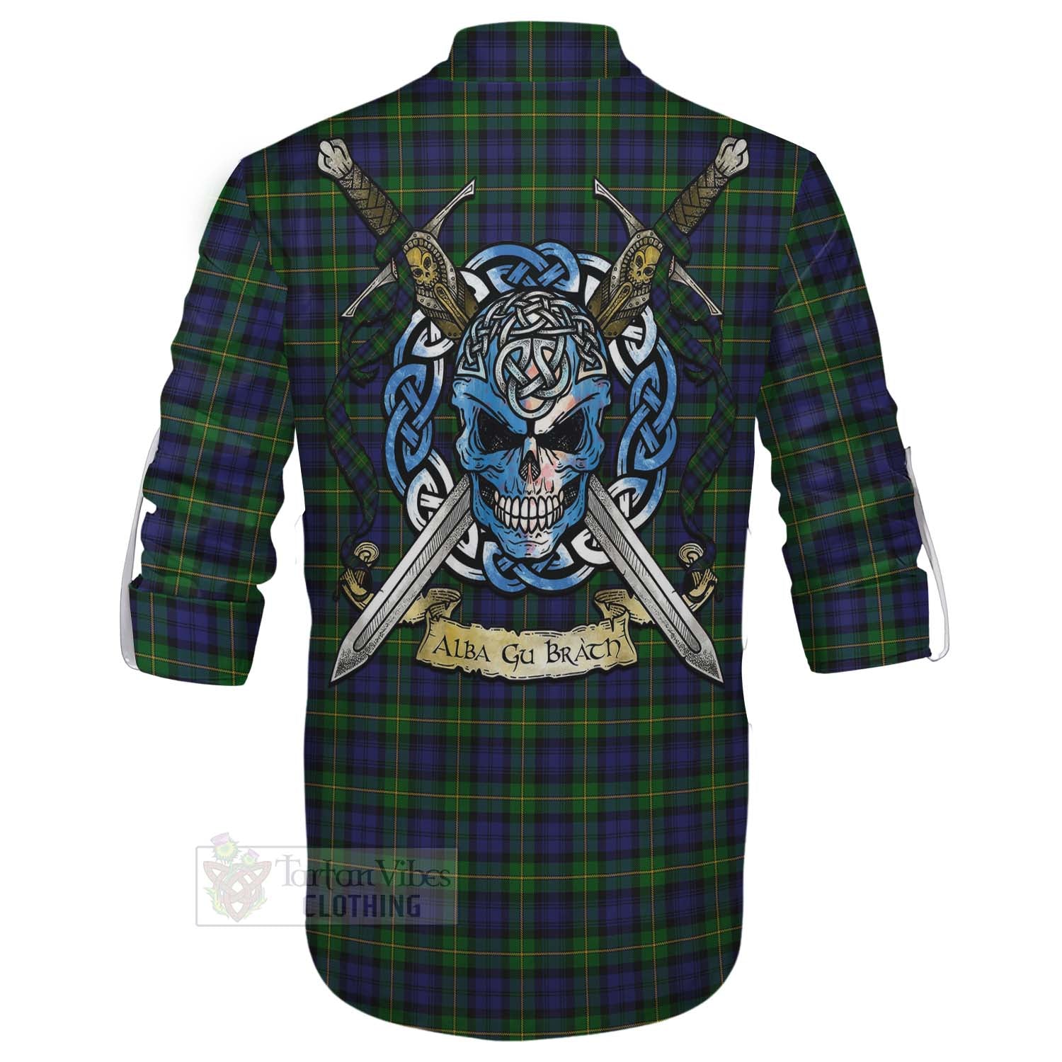 Tartan Vibes Clothing Gordon Tartan Ghillie Kilt Shirt with Family Crest Celtic Skull Style