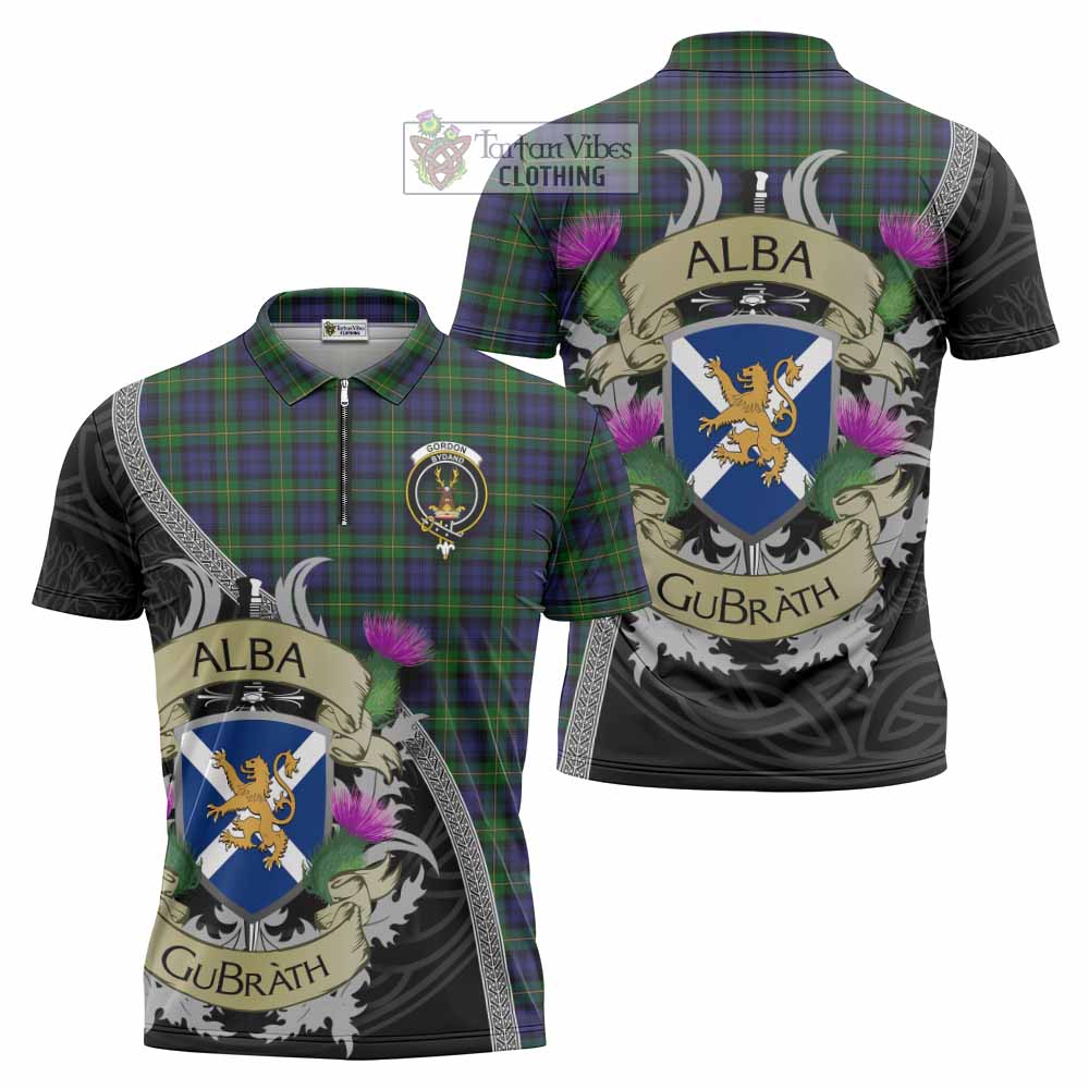 Tartan Vibes Clothing Gordon Tartan Family Crest Zipper Polo Shirt Lion Rampant Royal Thistle Shield Celtic Inspired