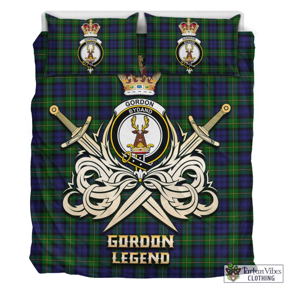 Tartan Vibes Clothing Gordon Tartan Bedding Set with Clan Crest and the Golden Sword of Courageous Legacy