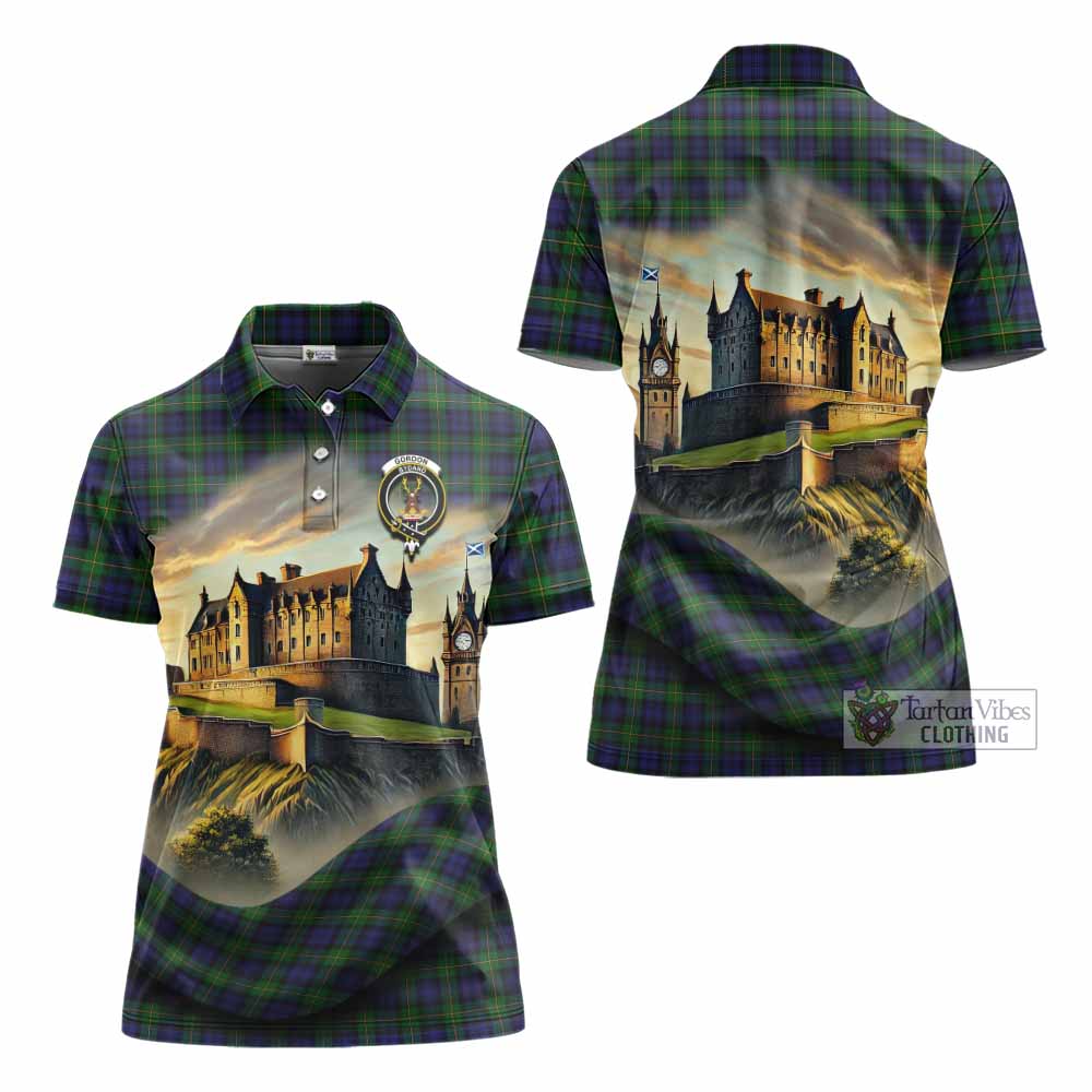 Tartan Vibes Clothing Gordon Tartan Family Crest Women's Polo Shirt with Scottish Ancient Castle Stype