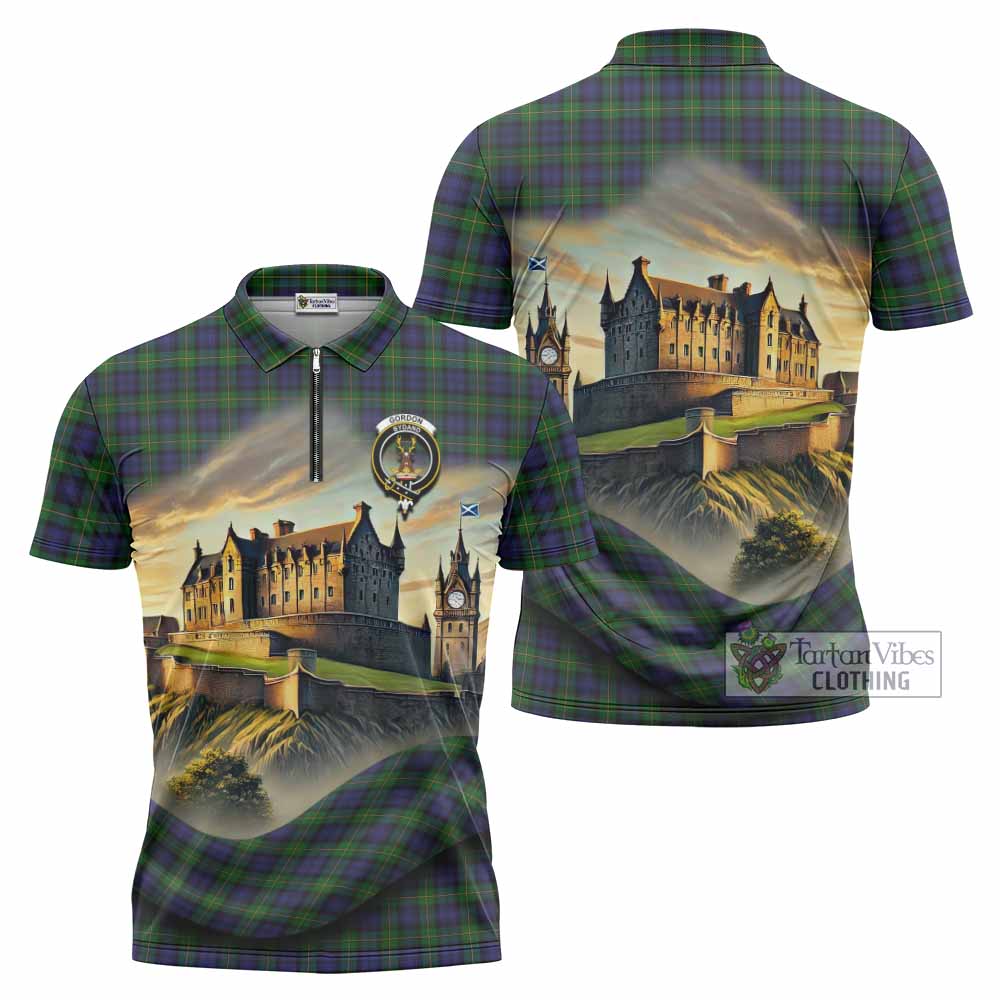 Tartan Vibes Clothing Gordon Tartan Family Crest Zipper Polo Shirt with Scottish Ancient Castle Stype