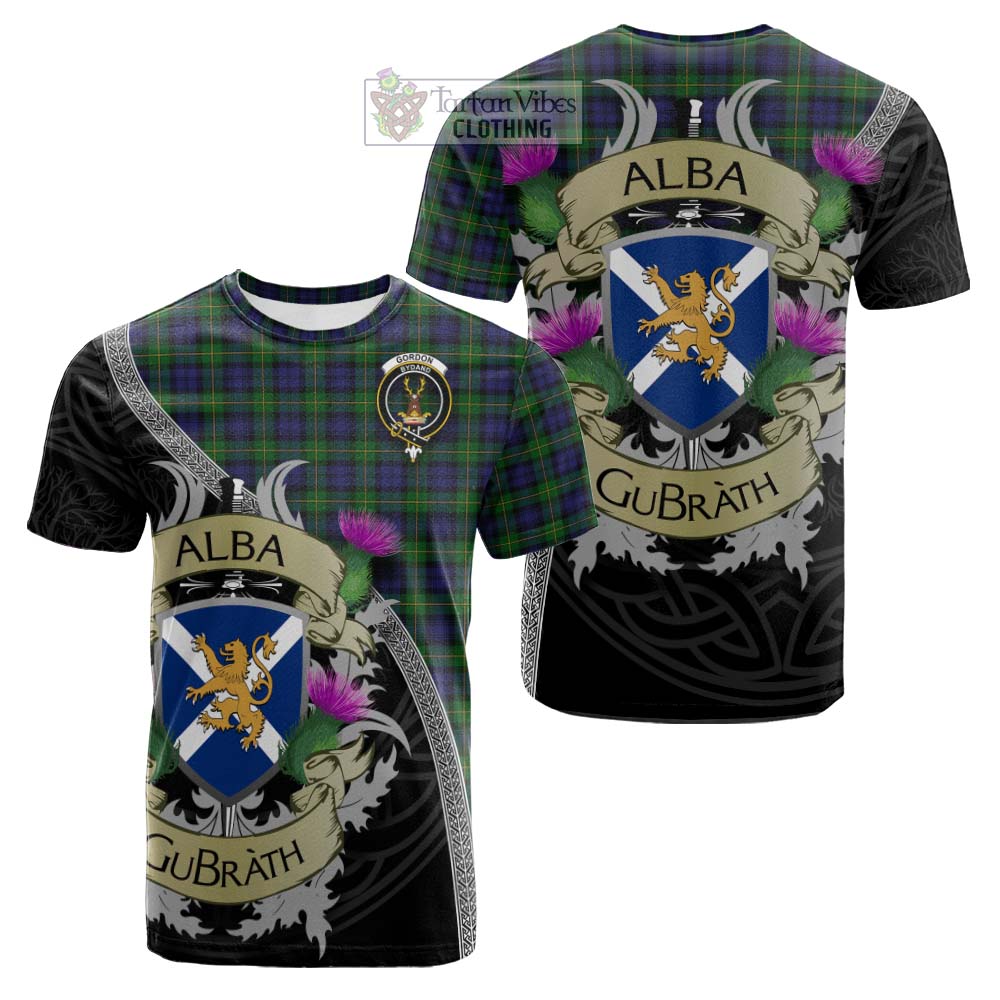 Tartan Vibes Clothing Gordon Tartan Family Crest Cotton T-shirt Lion Rampant Royal Thistle Shield Celtic Inspired