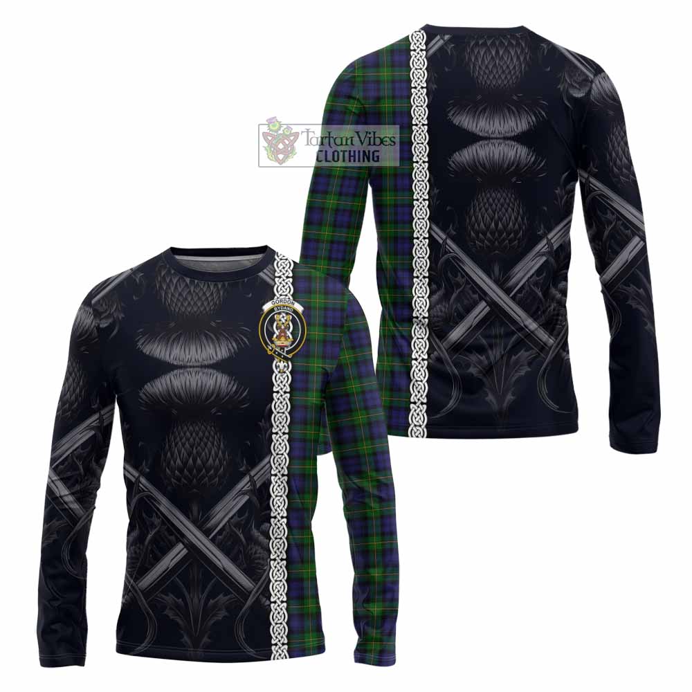 Tartan Vibes Clothing Gordon Tartan Long Sleeve T-Shirt with Family Crest Cross Sword Thistle Celtic Vibes