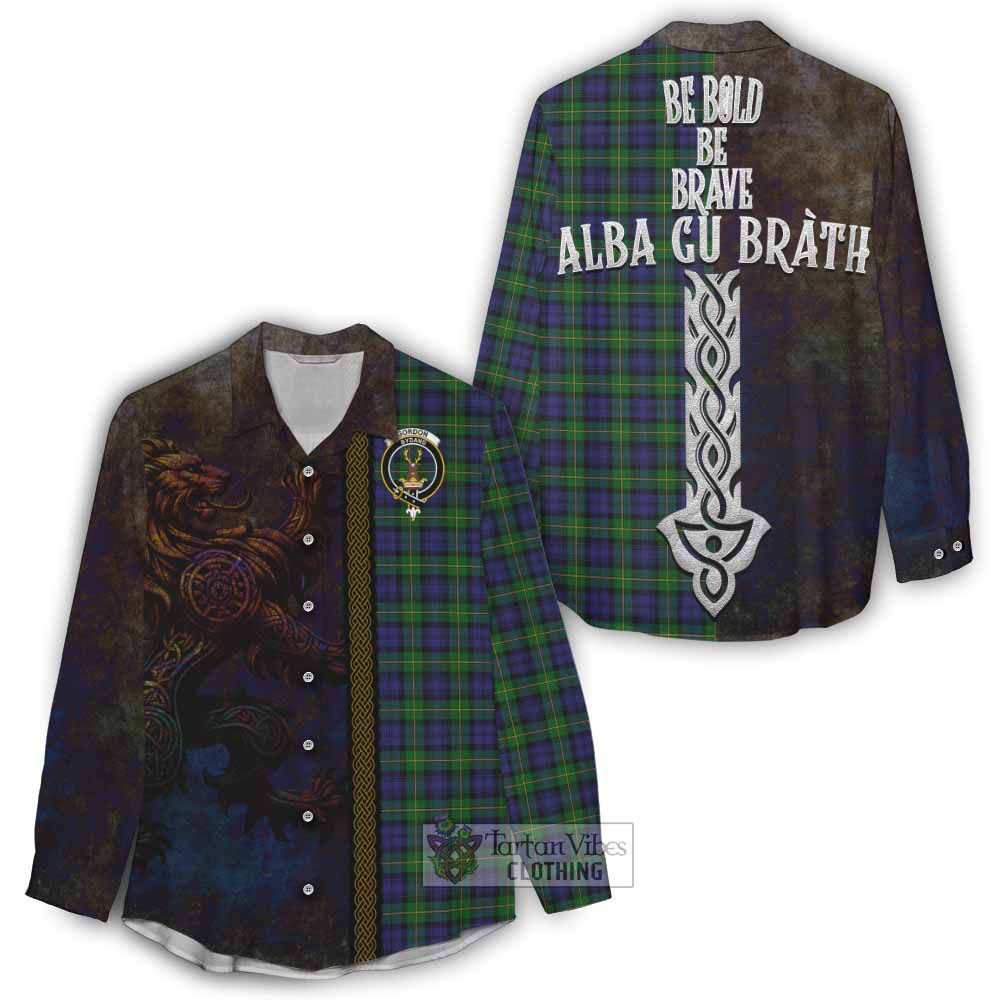 Tartan Vibes Clothing Gordon Tartan Family Crest Women's Casual Shirt Alba Gu Brath Be Brave Lion Ancient Style