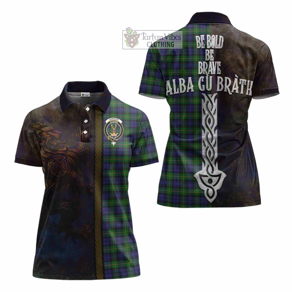 Tartan Vibes Clothing Gordon Tartan Family Crest Women's Polo Shirt Alba Gu Brath Be Brave Lion Ancient Style