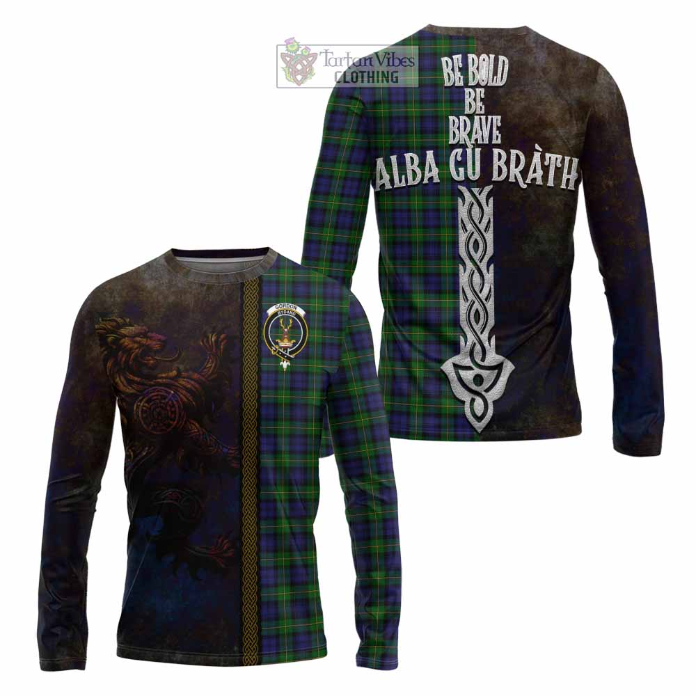 Tartan Vibes Clothing Gordon Tartan Family Crest Long Sleeve T-Shirt Alba Gu Brath Be Brave Lion Ancient Style