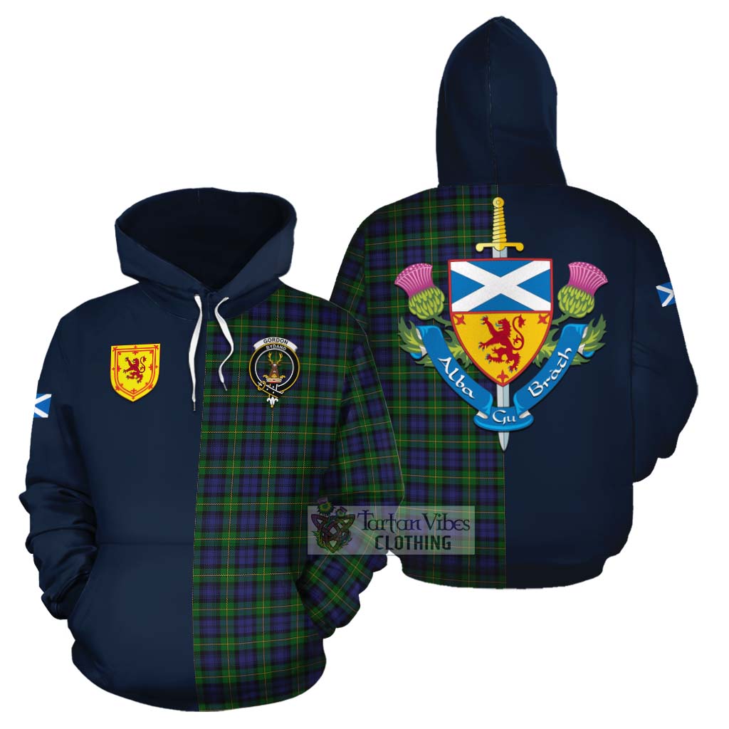 Tartan Vibes Clothing Gordon Tartan Cotton Hoodie Alba with Scottish Lion Royal Arm Half Style