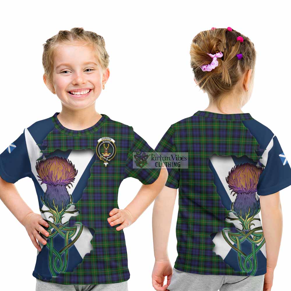 Tartan Vibes Clothing Gordon Tartan Family Crest Kid T-Shirt Scottish Thistle Celtic Inspired