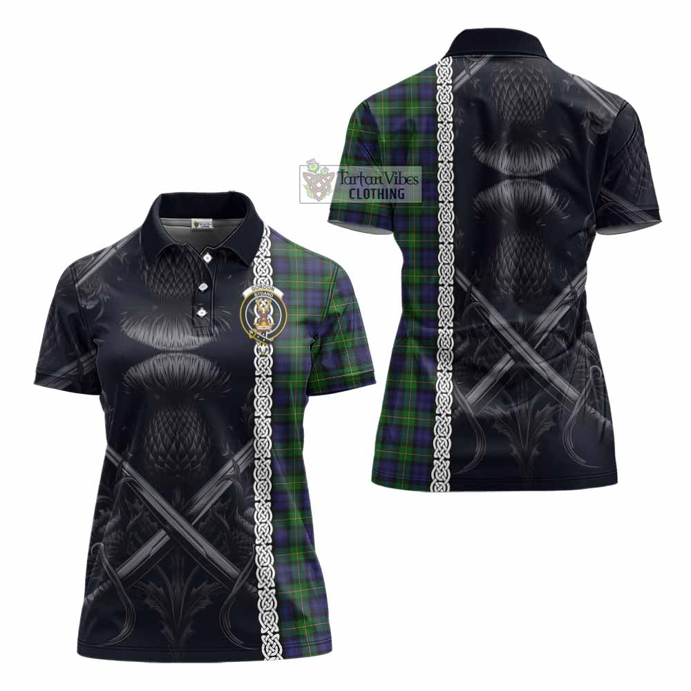 Tartan Vibes Clothing Gordon Tartan Women's Polo Shirt with Family Crest Cross Sword Thistle Celtic Vibes