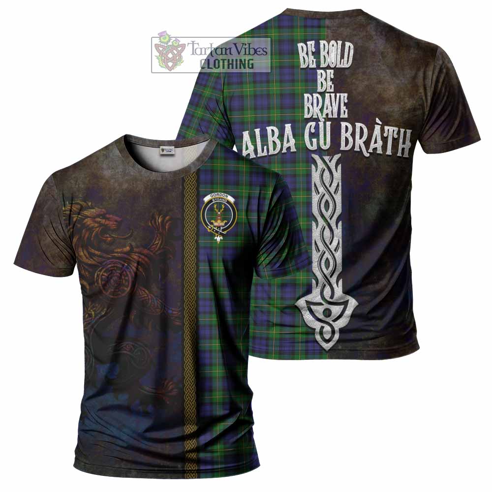 Tartan Vibes Clothing Gordon Tartan Family Crest T-Shirt Alba Gu Brath Be Brave Lion Ancient Style