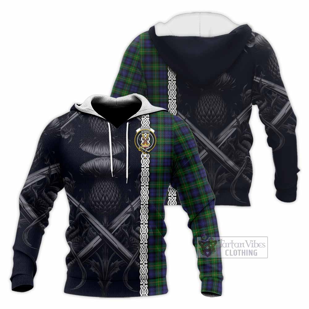 Tartan Vibes Clothing Gordon Tartan Knitted Hoodie with Family Crest Cross Sword Thistle Celtic Vibes