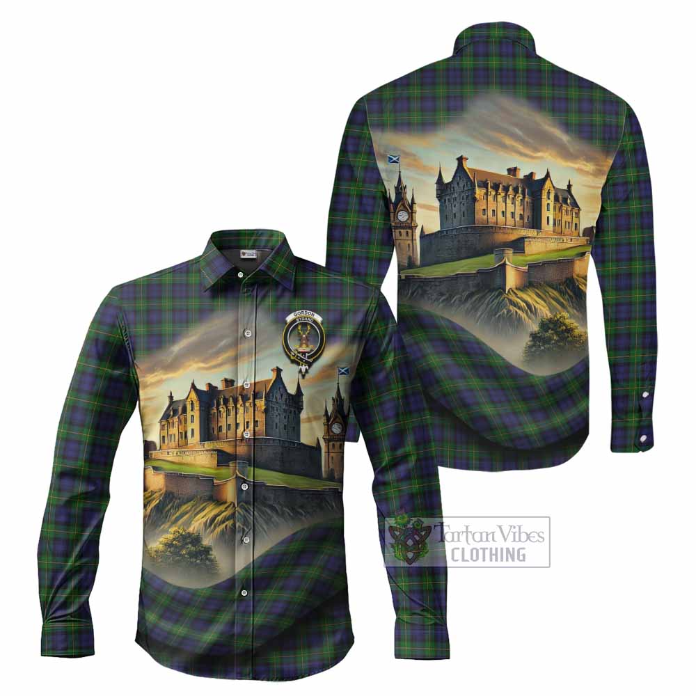 Tartan Vibes Clothing Gordon Tartan Family Crest Long Sleeve Button Shirt with Scottish Ancient Castle Style