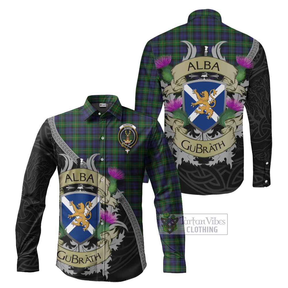 Tartan Vibes Clothing Gordon Tartan Family Crest Long Sleeve Button Shirt Lion Rampant Royal Thistle Shield Celtic Inspired