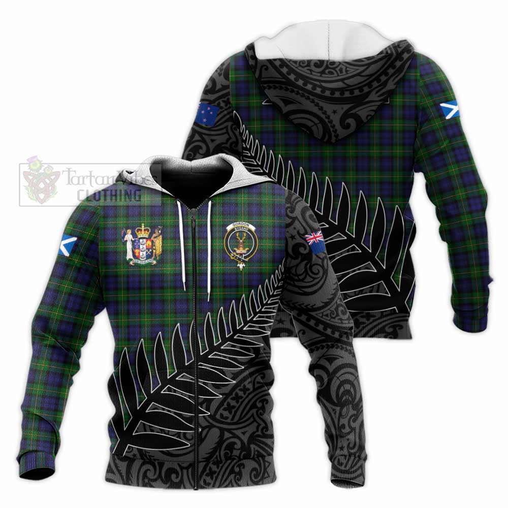 Tartan Vibes Clothing Gordon Crest Tartan Knitted Hoodie with New Zealand Silver Fern Half Style