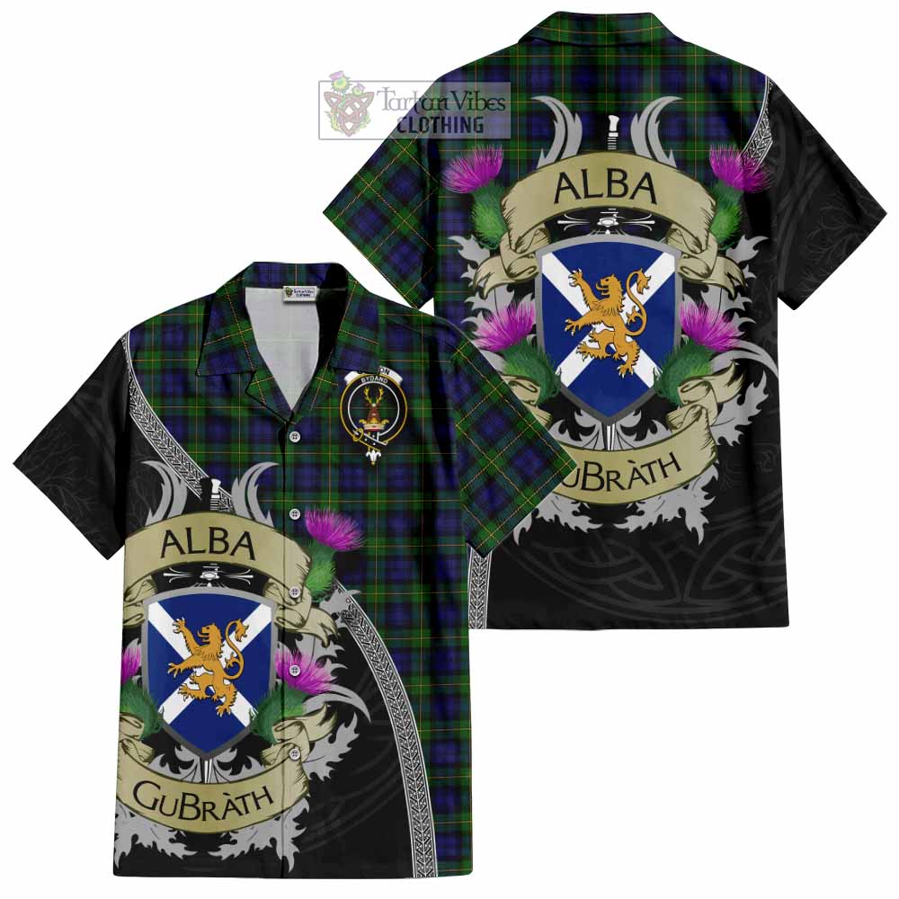 Tartan Vibes Clothing Gordon Tartan Family Crest Short Sleeve Button Shirt Lion Rampant Royal Thistle Shield Celtic Inspired