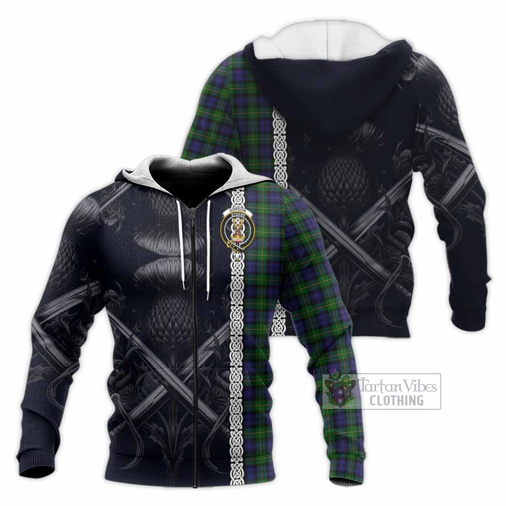Tartan Vibes Clothing Gordon Tartan Knitted Hoodie with Family Crest Cross Sword Thistle Celtic Vibes