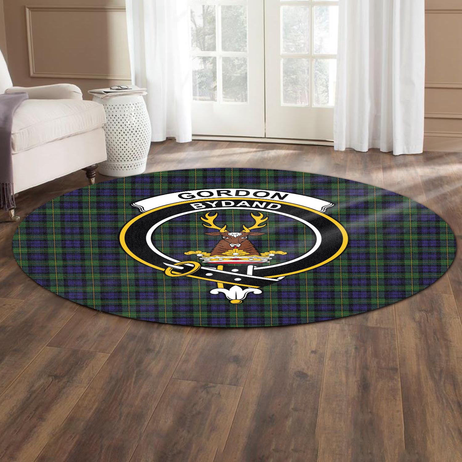 gordon-tartan-round-rug-with-family-crest