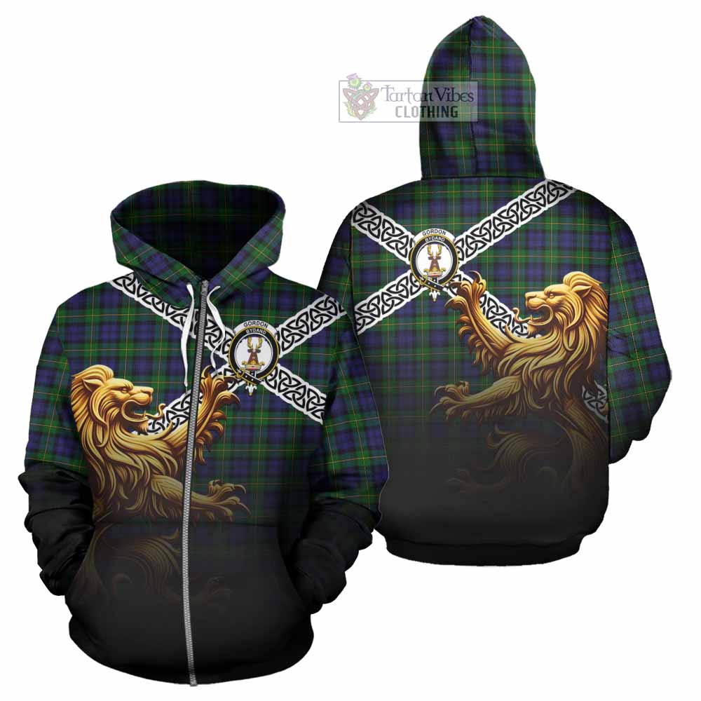 Tartan Vibes Clothing Gordon Crest Tartan Hoodie with Golden Lion Emblem Celtic Style
