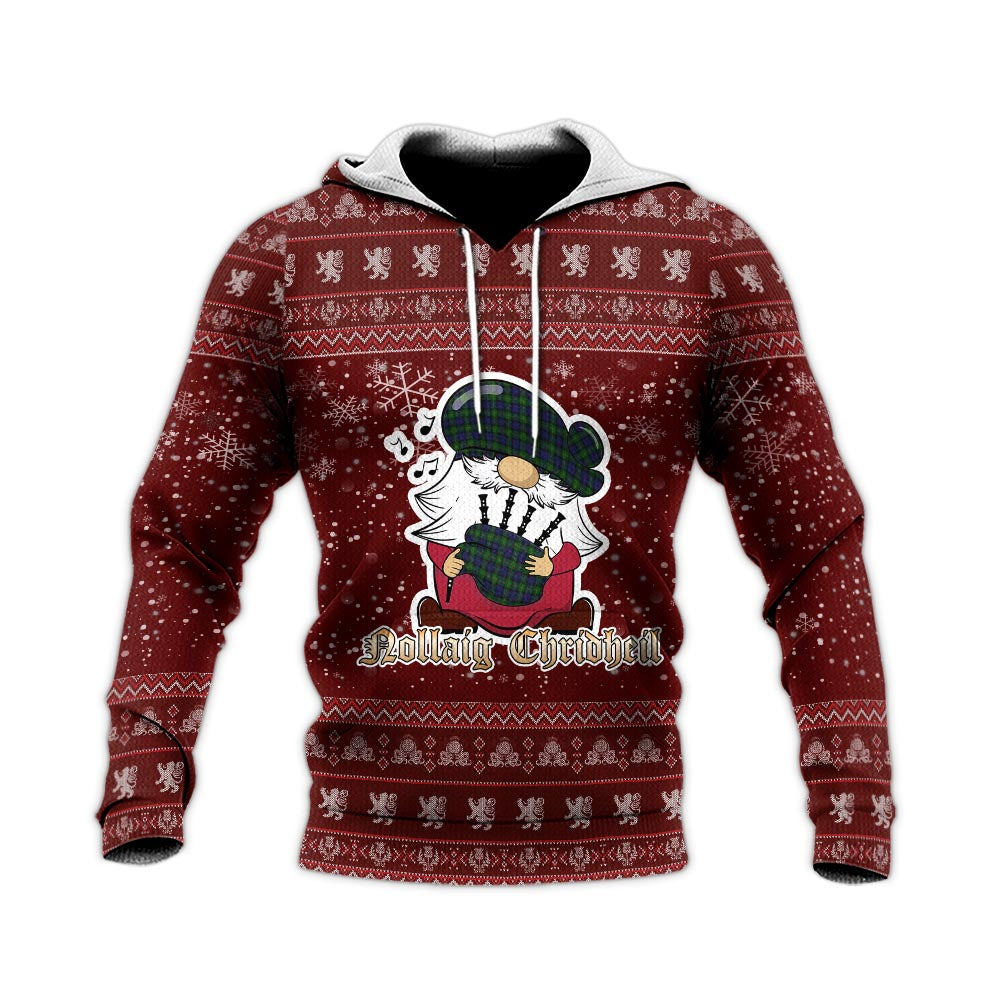 Gordon Clan Christmas Knitted Hoodie with Funny Gnome Playing Bagpipes - Tartanvibesclothing